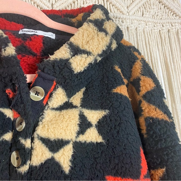 Sonoma NWT Sherpa Henley Button Aztec Faux Fur Boho Hoodie Size Large - Picture 3 of 11
